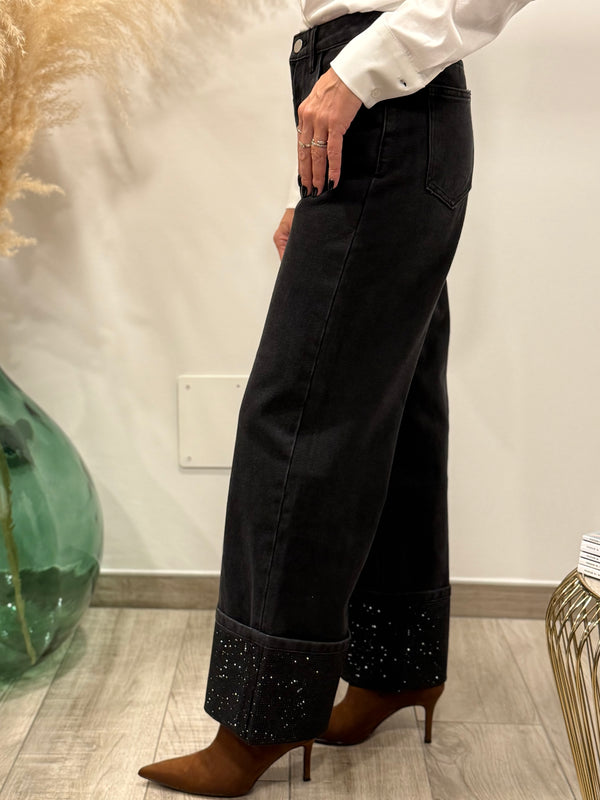 JEANS WIDE LEG RISVOLTO CON SWAROSKI