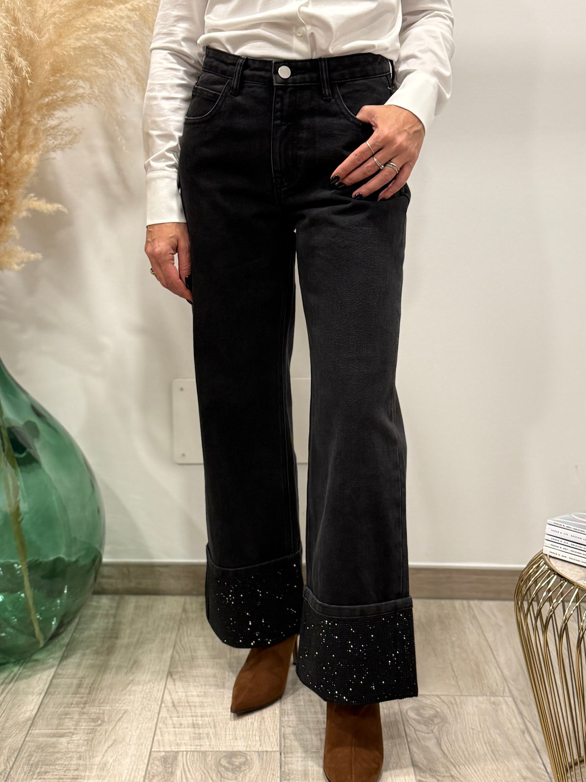 JEANS WIDE LEG RISVOLTO CON SWAROSKI