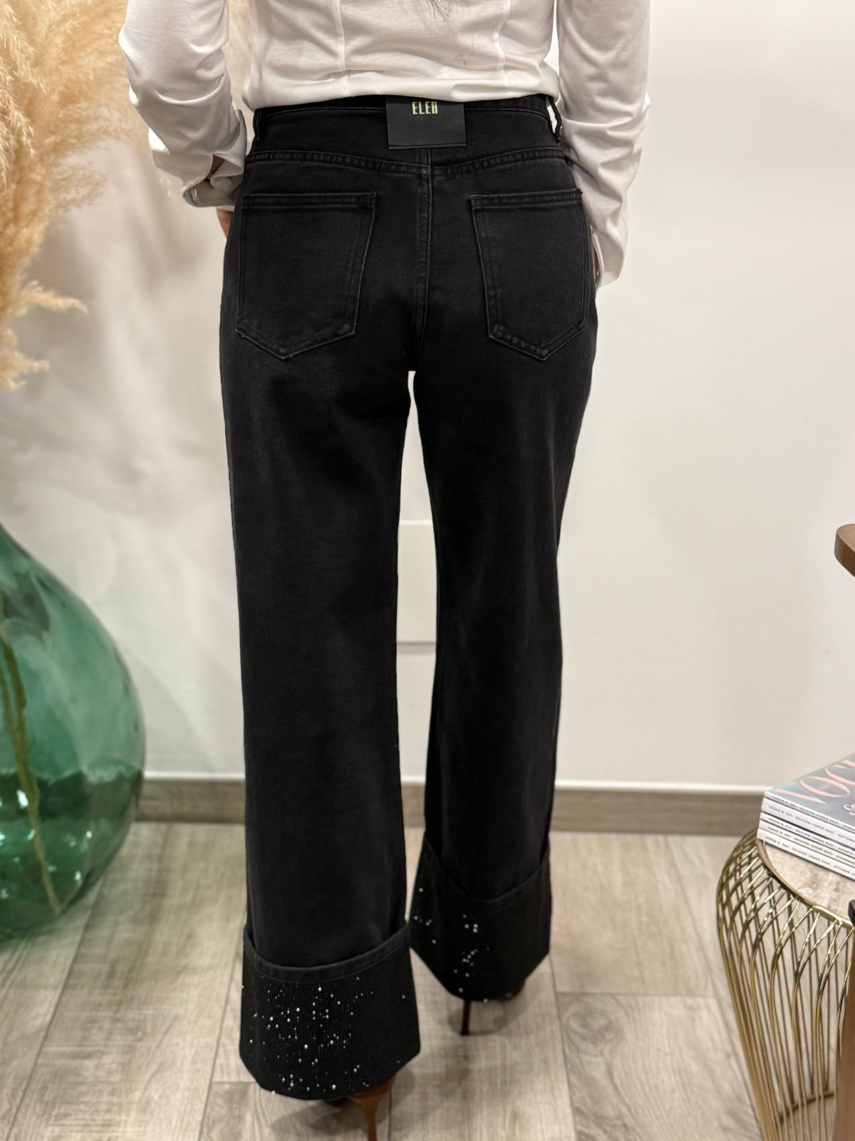 JEANS WIDE LEG RISVOLTO CON SWAROSKI